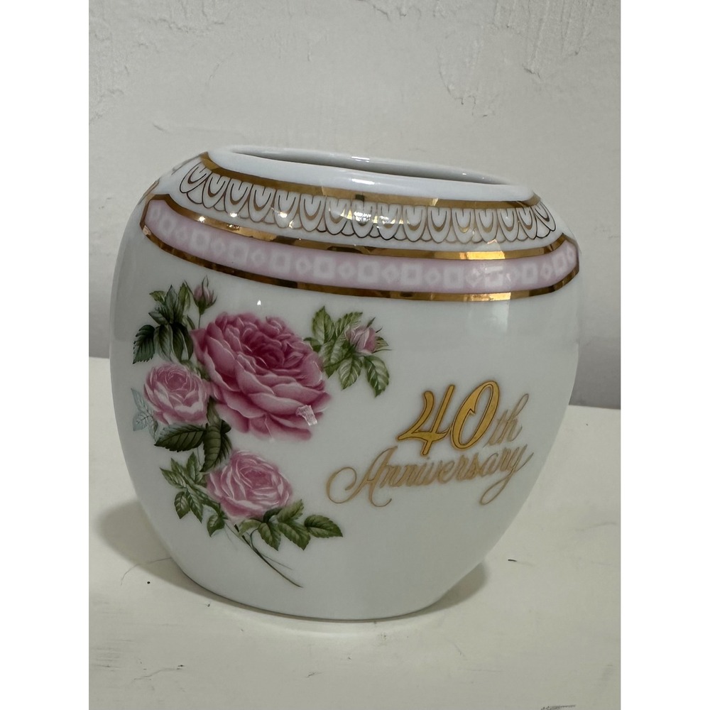 Porcelaine Chatillon 40th Anniversary Vase Pink Roses Gold Trim Fine Porcelain
